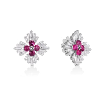 Roberto Coin 18K White Gold Diamond Princess Diamond & Rubellite Flower Stud Earrings