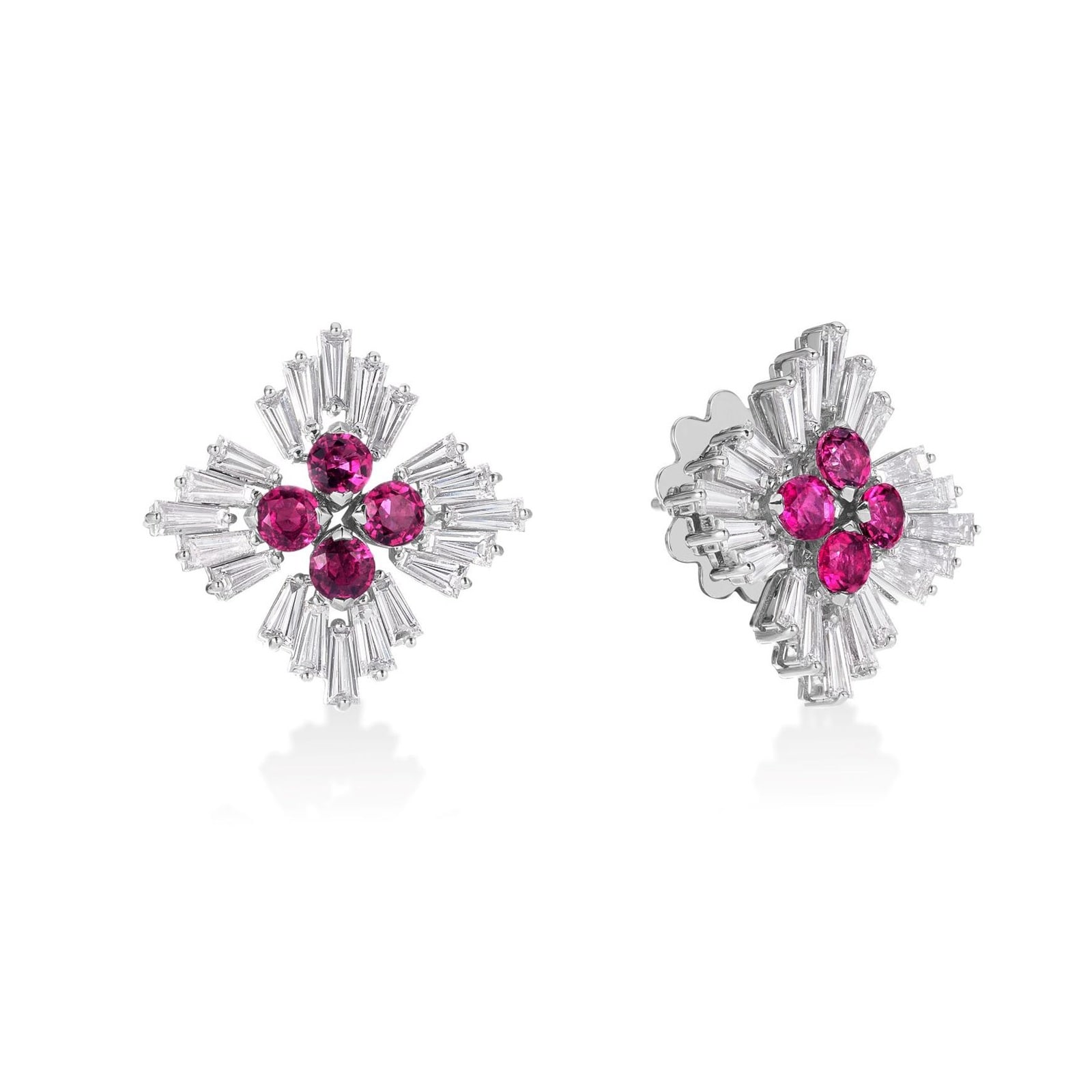 Roberto Coin 18K White Gold Diamond Princess Diamond & Rubellite Flower Stud Earrings