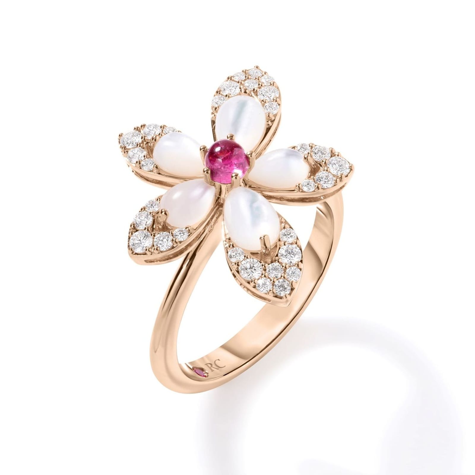 Roberto Coin 18K Rose Gold Tiare Diamond, Pearl & Rubellite Ring - Size 6.5