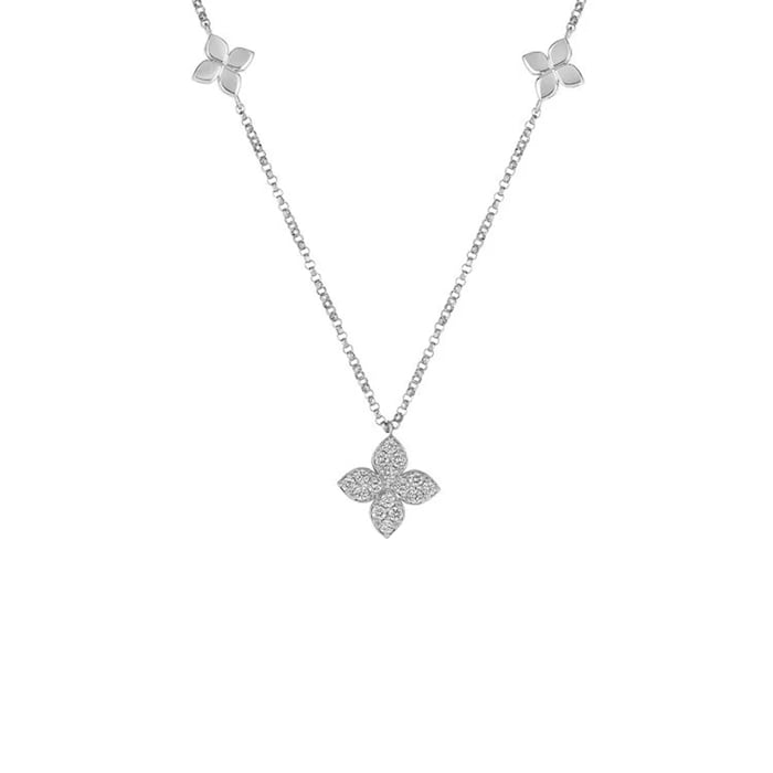 Roberto Coin 18K White Gold Love By The Inch Diamond & Polished Flower Station Necklace