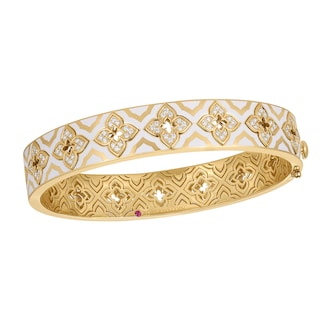 Roberto Coin 18K Yellow Gold Venetian Princess Diamond & White Enamel Flower Bangle