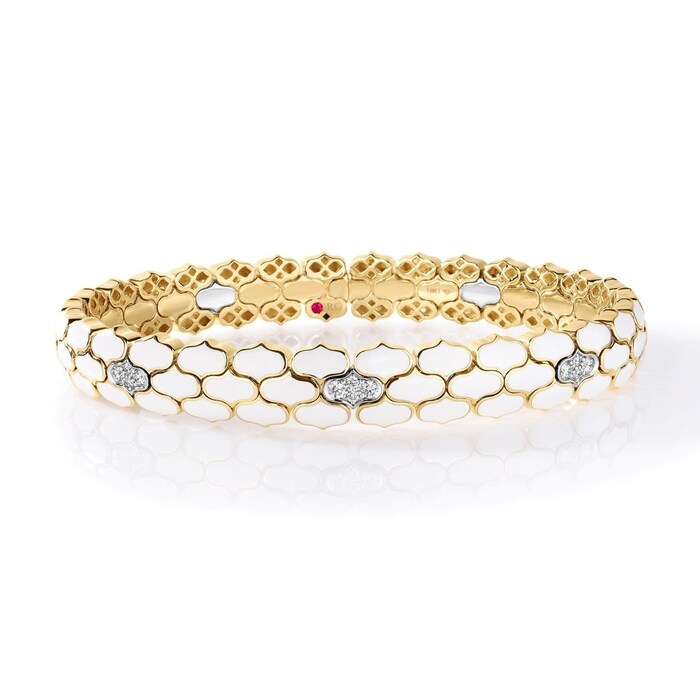 Roberto Coin 18K Yellow Gold Cobra Diamond & White Ceramic Bangle - Size Small