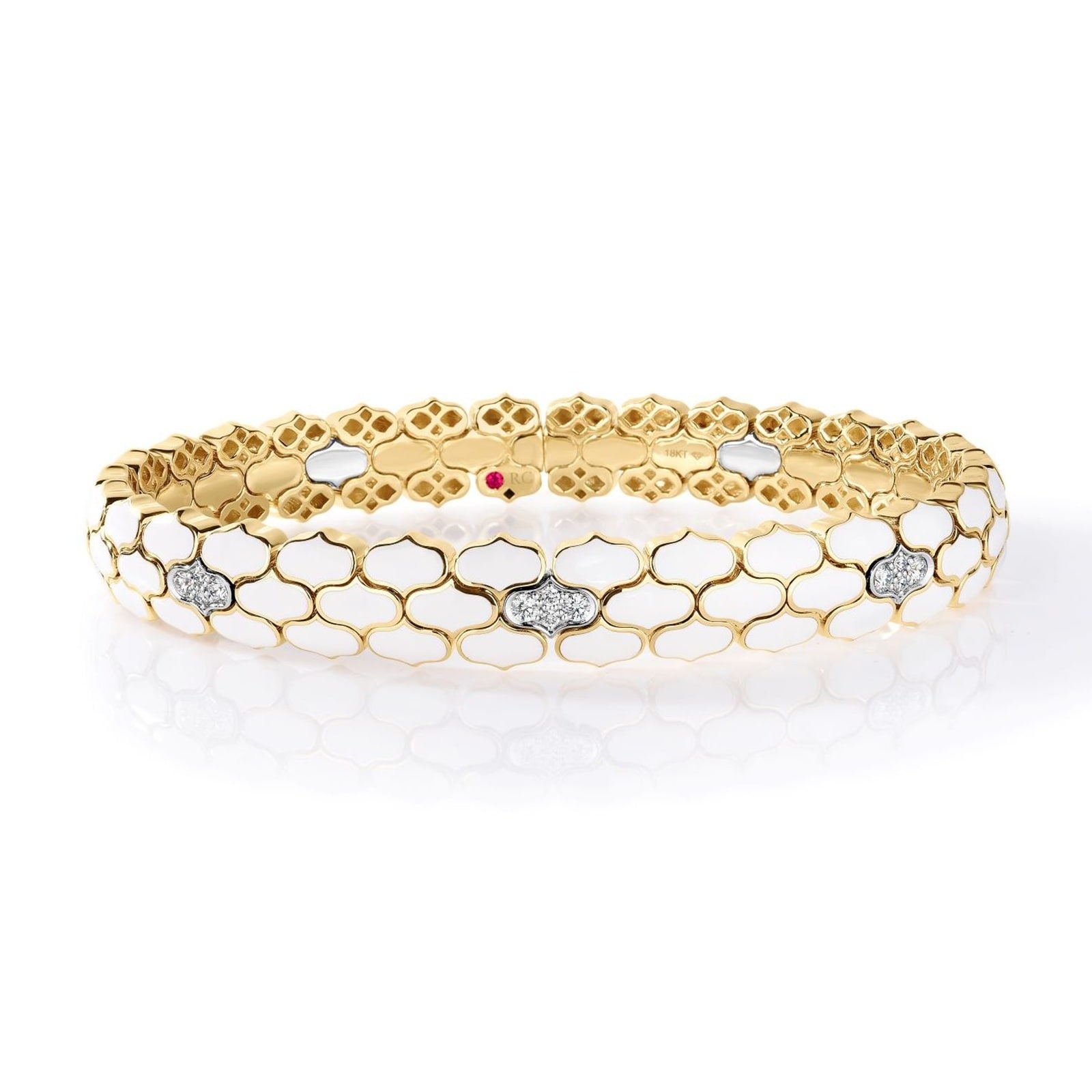 Roberto Coin 18K Yellow Gold Cobra Diamond & White Ceramic Bangle - Size Extra Small
