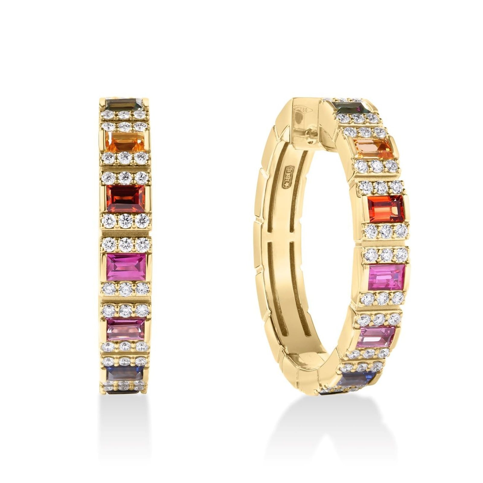 Roberto Coin 18K Yellow Gold Obelisco Diamond & Multi Sapphires Hoop Earrings Roberto Coin 18K Yellow Gold Obelisco Diamond & Multi Sapphires Hoop Earrings