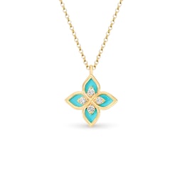 37524361 - Princess Flower 18ct Yellow Gold 0.09ct Diamond & Enamel Pendant Necklace