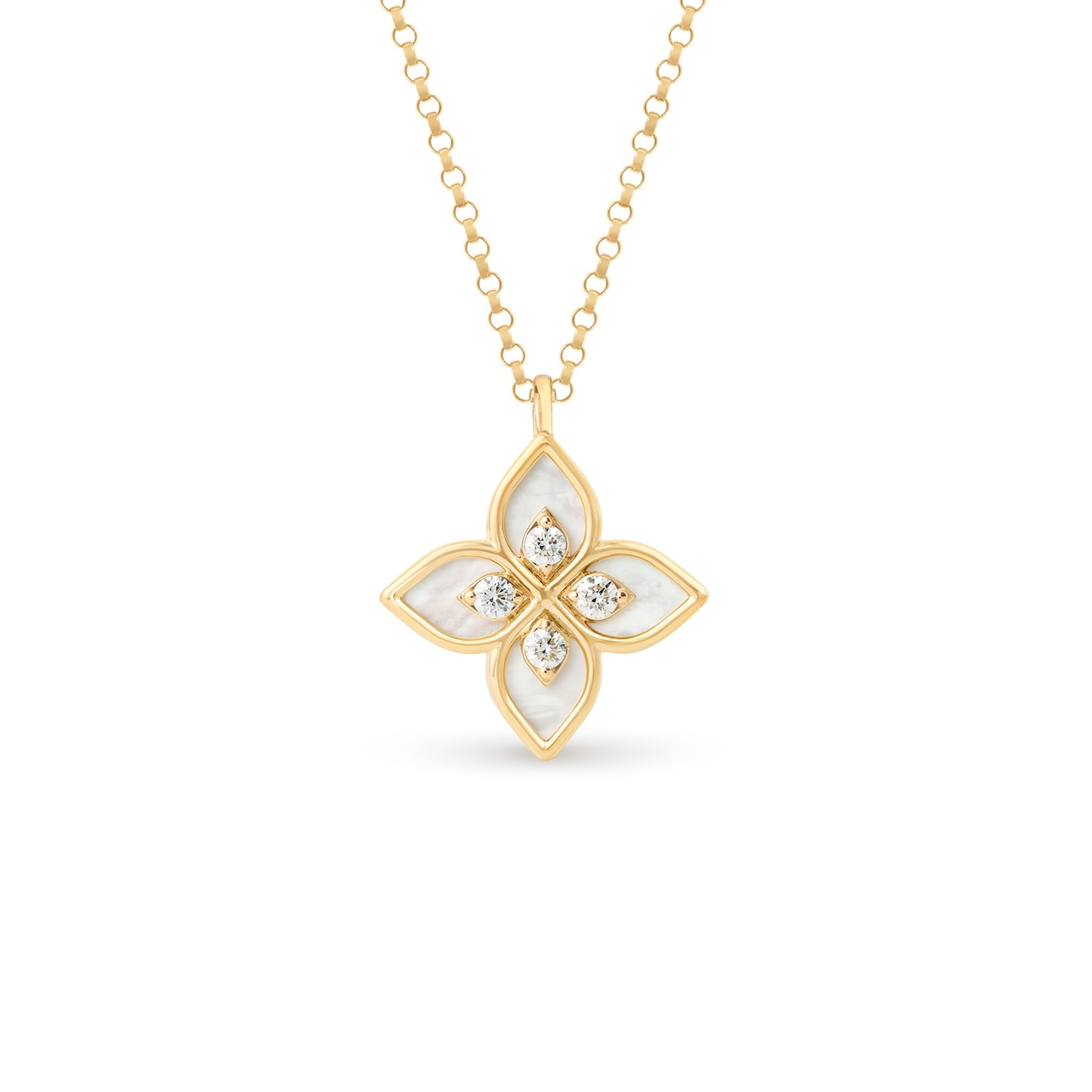 Roberto Coin Princess Flower 18ct Yellow Gold 0.09ct Diamond & Mother Of Pearl Pendant Necklace