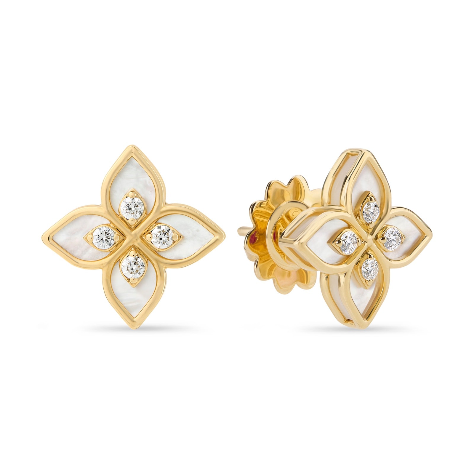 Roberto Coin Princess Flower 18ct Yellow Gold 0.19ct Diamond & Mother Of Pearl Stud Earrings