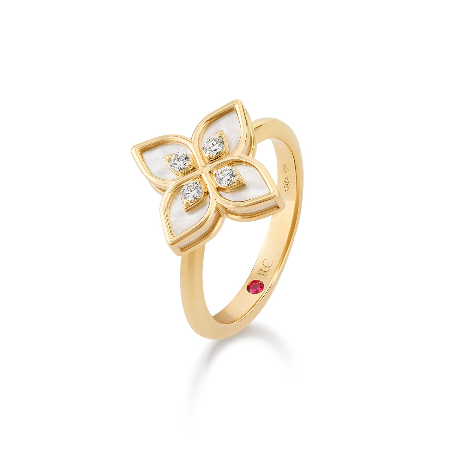 Roberto Coin Princess Flower 18ct Yellow Gold 0.09ct Diamond & Mother Of Pearl Ring