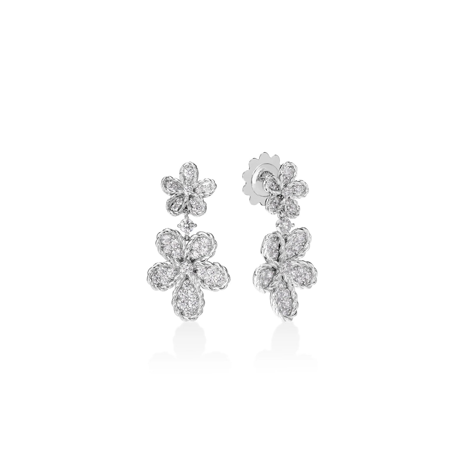 Roberto Coin 18K White Gold Jasmine Pave Diamond Double Flower Drop Earrings