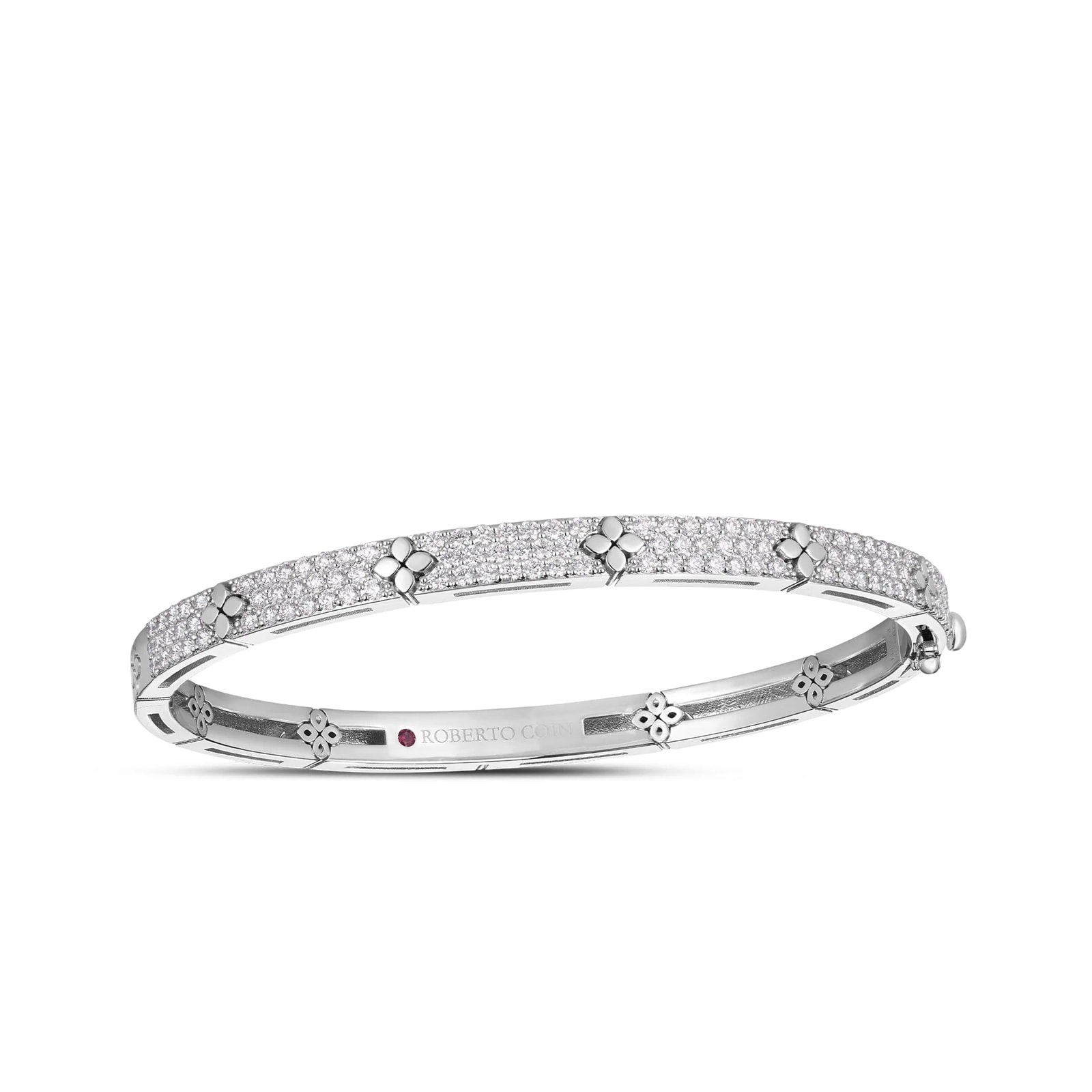 Roberto Coin 18K White Gold Love In Verona Pave Diamond Flower Bangle - Size Petite
