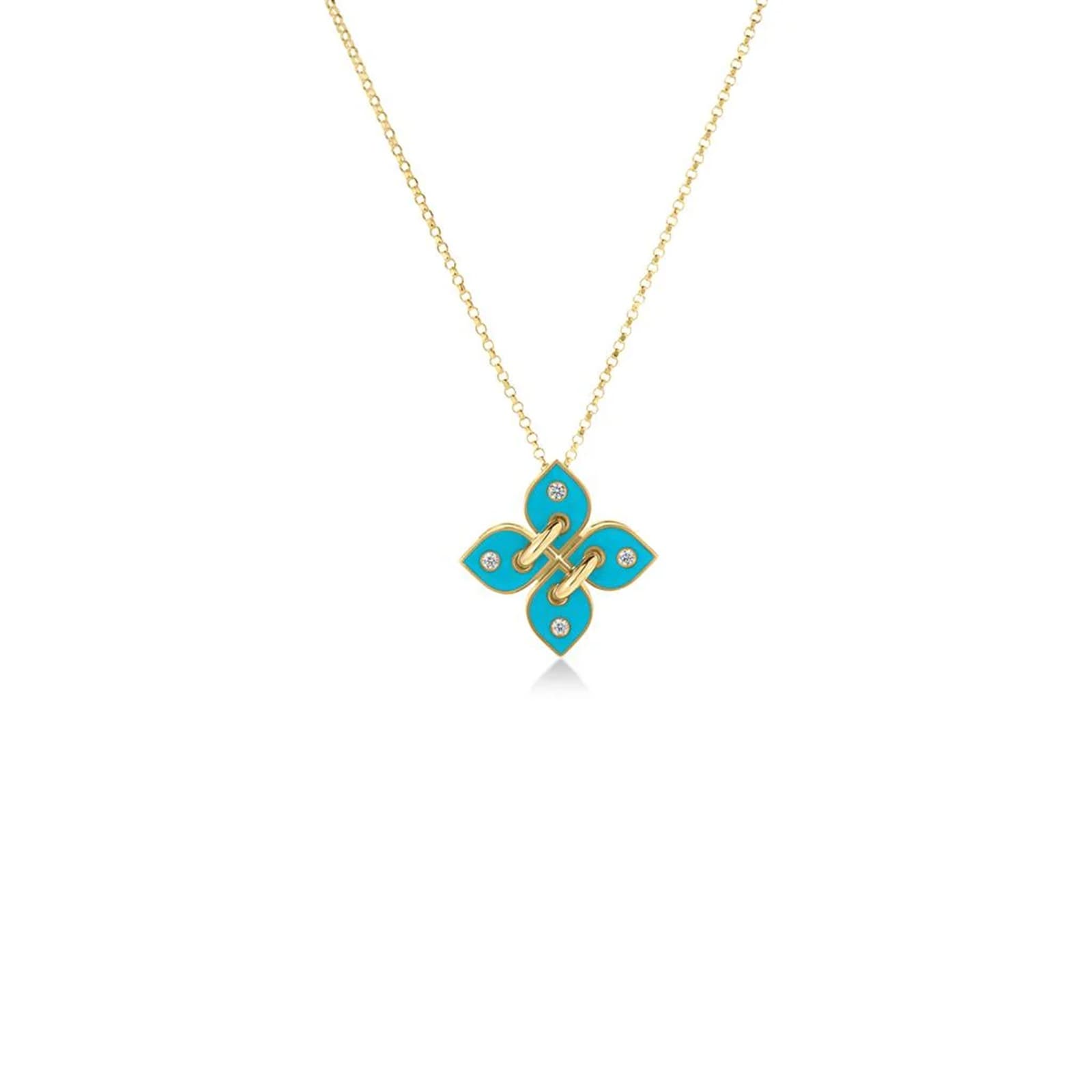 Roberto Coin 18K Yellow Gold Love In Verona Diamond & Turquoise Enamel Flower Pendant Necklace