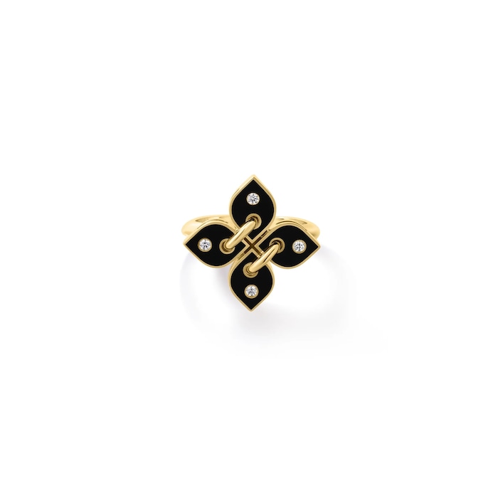 Roberto Coin 18K Yellow Gold Love In Verona Diamond & Black Enamel Flower Ring - Ring Size 6.5