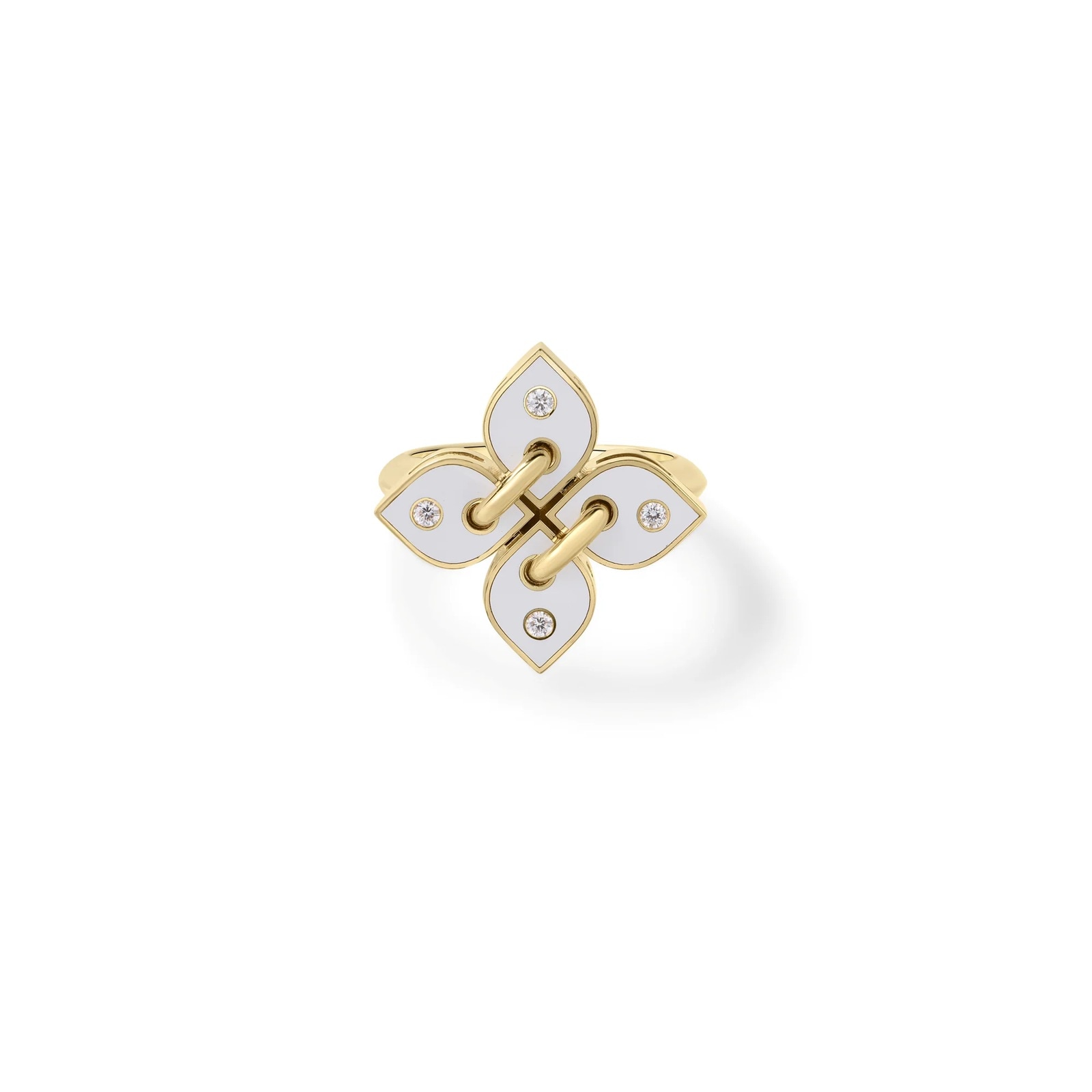 Roberto Coin 18K Yellow Gold Love In Verona Diamond & White Enamel Flower Ring - Ring Size 6.5