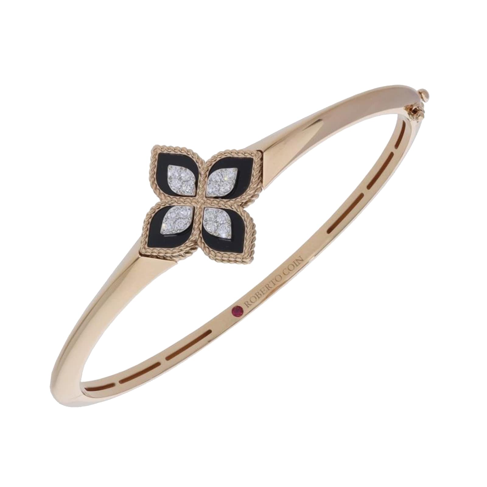 Roberto Coin Princess Flower 18ct Rose Gold 0.18ct Diamond & Black Jade Bangle - Size Petite