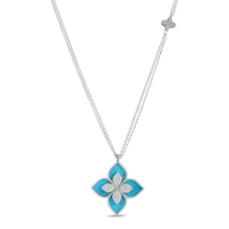 37524660 - Princess Flower 18ct White Gold Turquoise & 0.76ct Diamond Pendant Necklace
