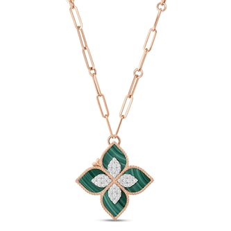 Roberto Coin Princess Flower 18ct Rose Gold Malachite & 0.72ct Diamond Pendant Necklace