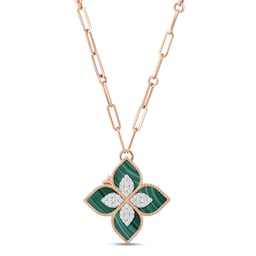 37524678 - Princess Flower 18ct Rose Gold Malachite & 0.72ct Diamond Pendant Necklace