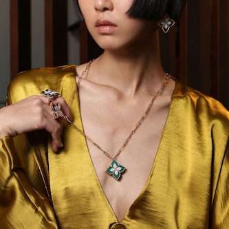 Roberto Coin Princess Flower 18ct Rose Gold Malachite & 0.72ct Diamond Pendant Necklace