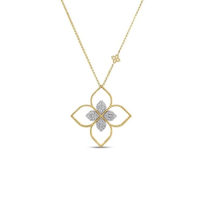 Roberto Coin Venetian Princess Principessa 18K Yellow Gold 0.43cttw Diamond Flower Outline Pendant Necklace