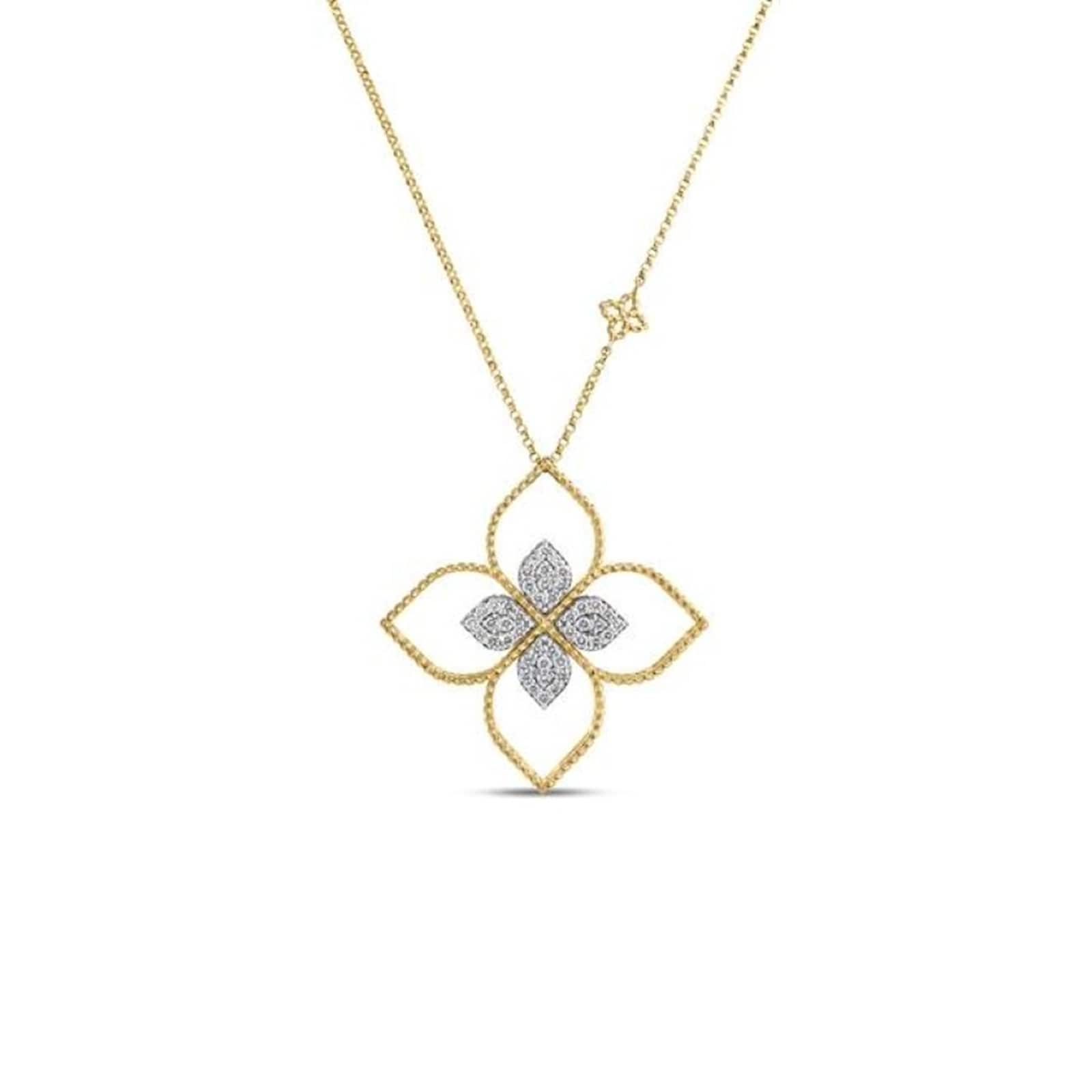 Roberto Coin Venetian Princess Principessa 18K Yellow Gold 0.43cttw Diamond Flower Outline Pendant Necklace