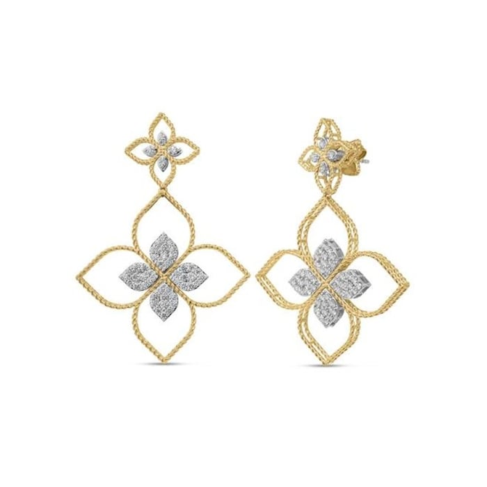 Roberto Coin Venetian Princess Principessa 18K Yellow Gold 0.07cttw Diamond Flower Outline Drop Earrings