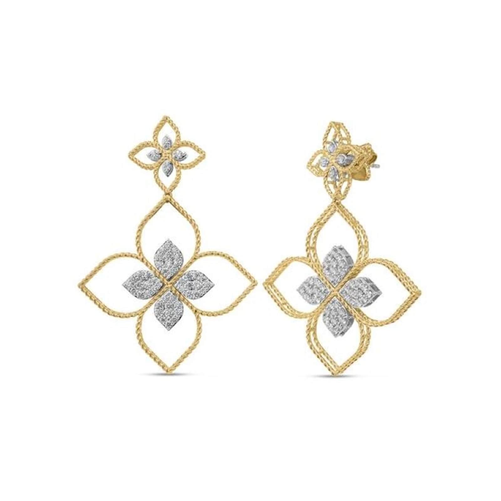 Roberto Coin Venetian Princess Principessa 18K Yellow Gold 0.07cttw Diamond Flower Outline Drop Earrings