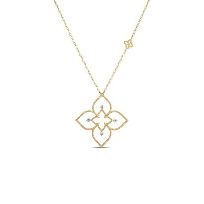 Roberto Coin Venetian Princess Principessa 18K Yellow Gold 0.07cttw Diamond Flower Outline Pendant Necklace