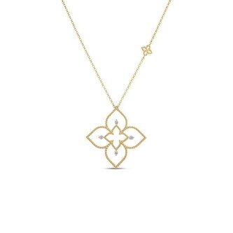 Roberto Coin Venetian Princess Principessa 18K Yellow Gold 0.07cttw Diamond Flower Outline Pendant Necklace