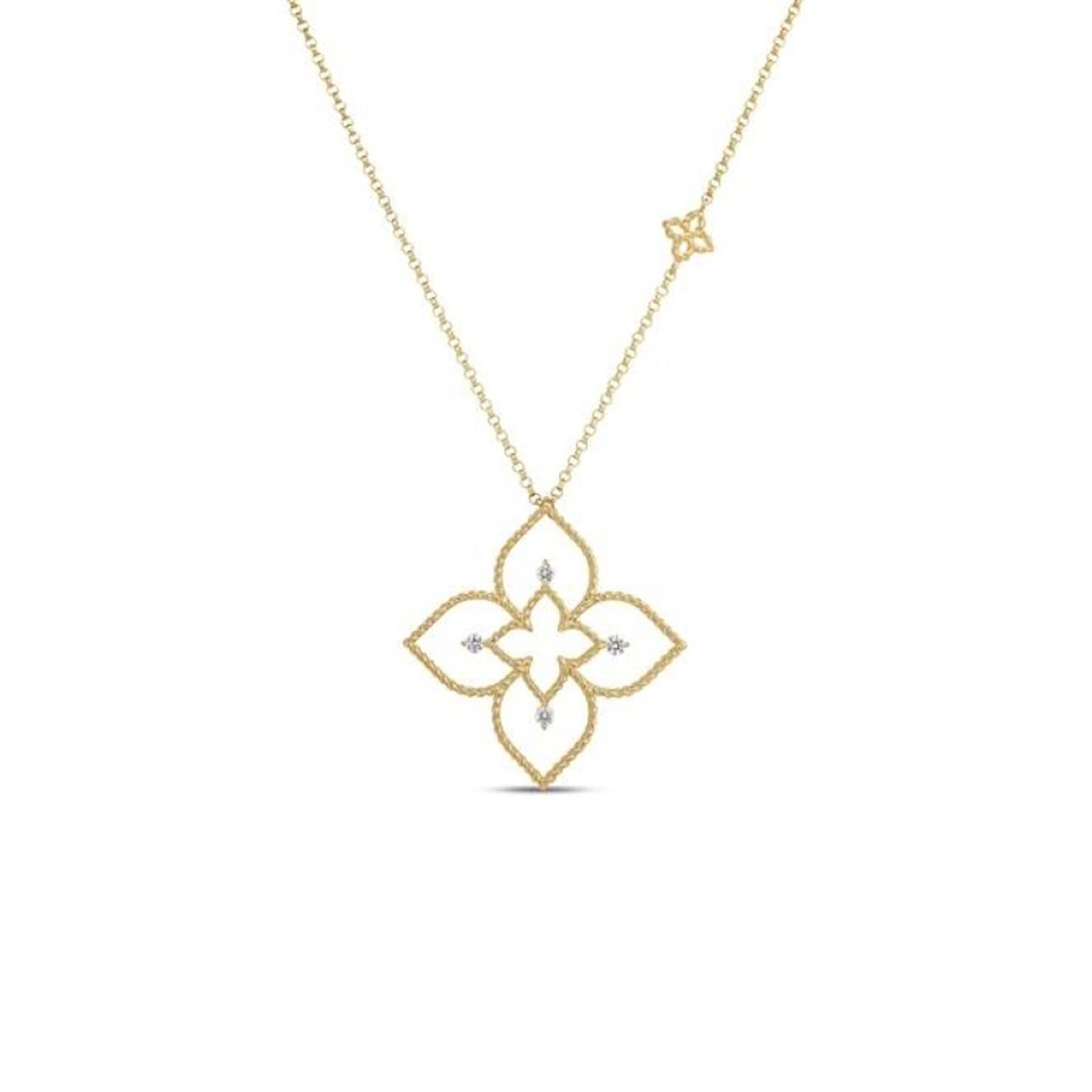 Roberto Coin Venetian Princess Principessa 18K Yellow Gold 0.07cttw Diamond Flower Outline Pendant Necklace