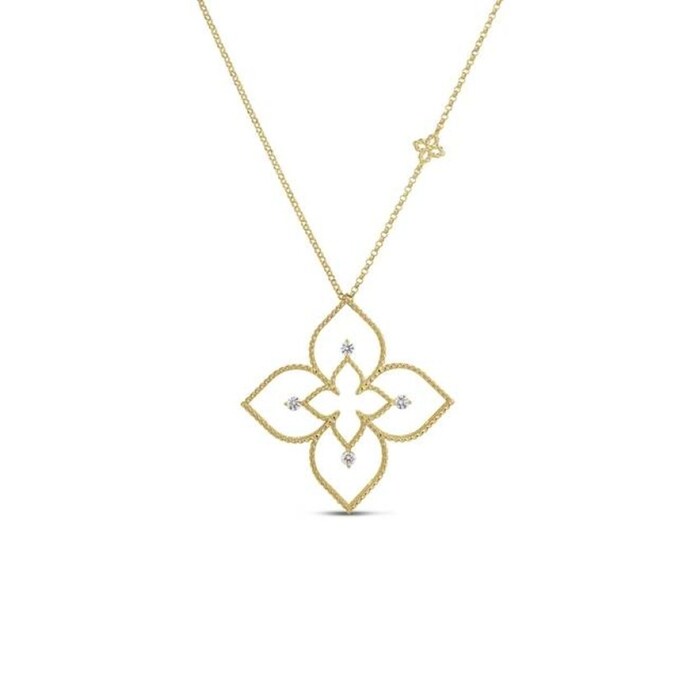 Roberto Coin Venetian Princess Principessa 18K Yellow Gold 0.07cttw Diamond Flower Outline Pendant Necklace