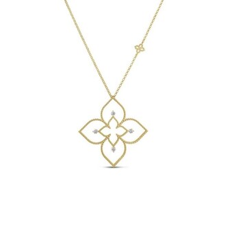 Roberto Coin Venetian Princess Principessa 18K Yellow Gold 0.07cttw Diamond Flower Outline Pendant Necklace