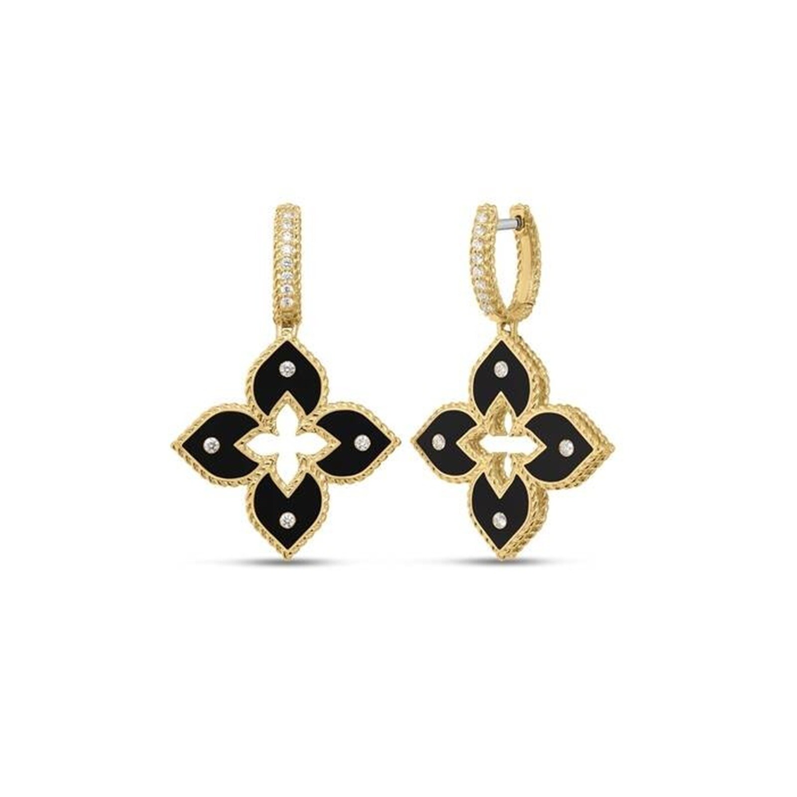 Roberto Coin Venetian Princess 18K Yellow Gold 0.19cttw Diamond & Black Flower Drop Earrings