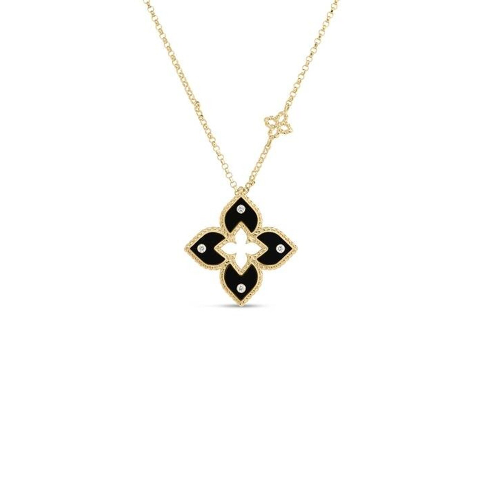 Roberto Coin Venetian Princess 18K Yellow Gold 0.02cttw Diamond & Black Flower Pendant Necklace