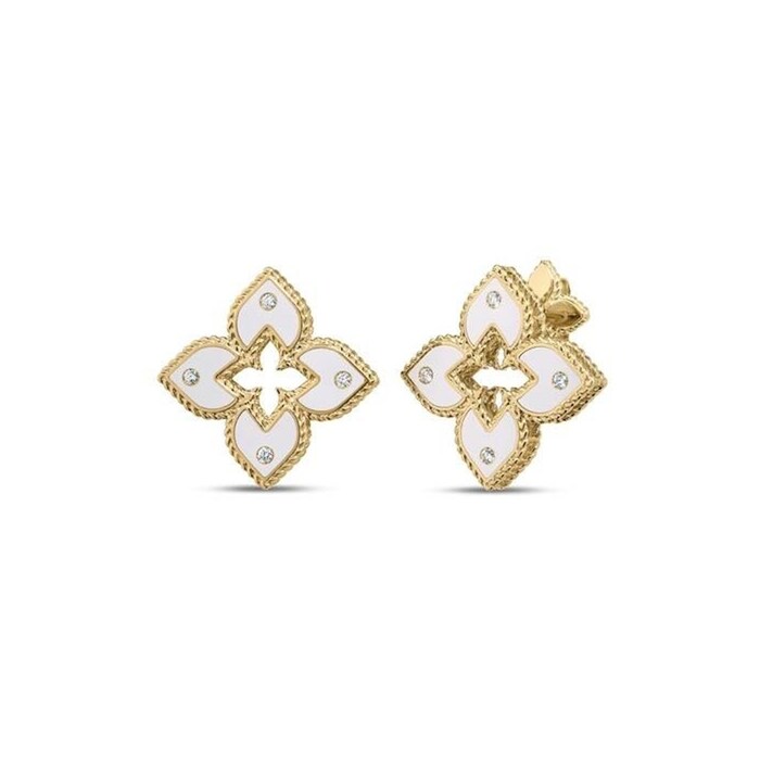 Roberto Coin Venetian Princess 18K Yellow Gold 0.04cttw Diamond & White Flower Stud Earrings