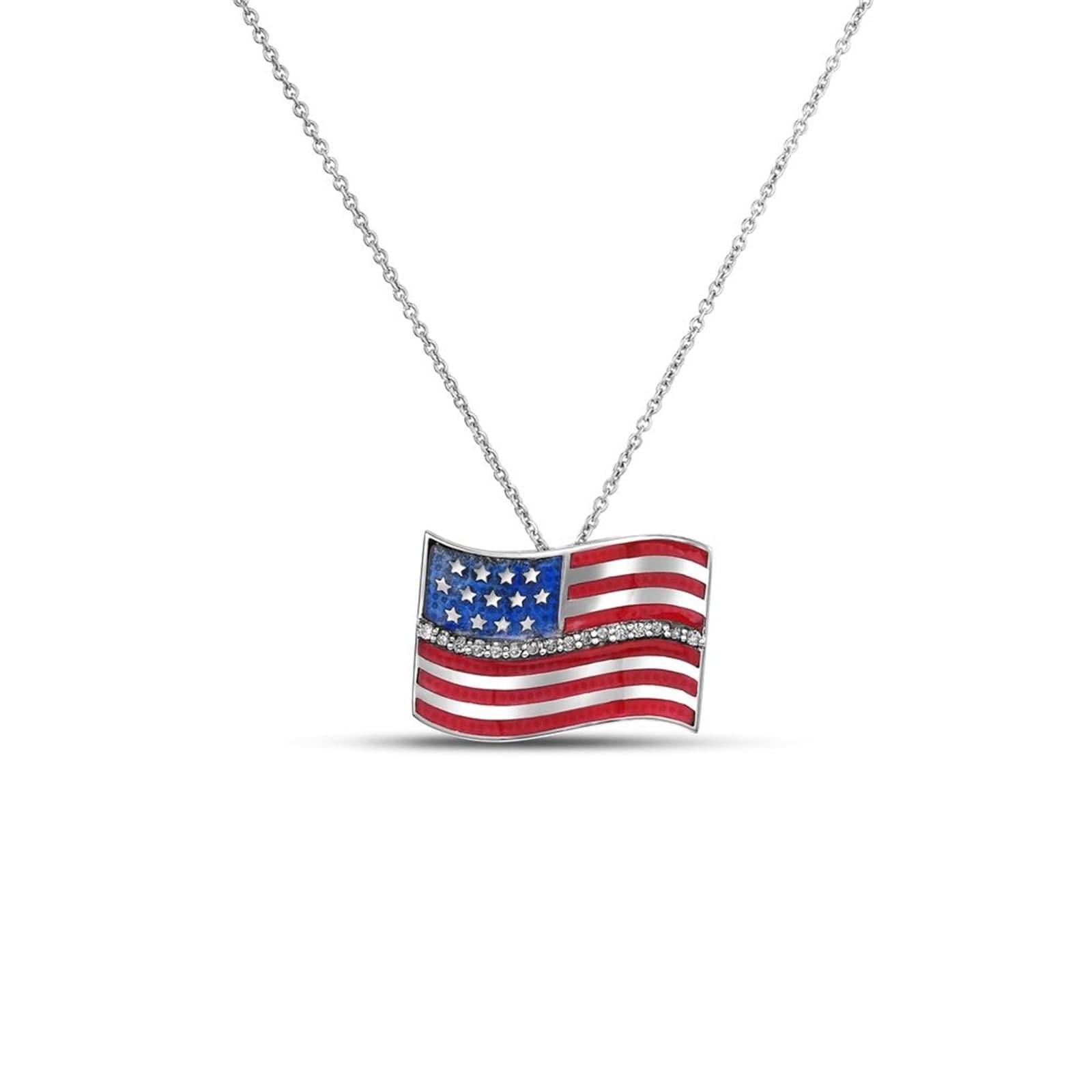 Tiny Treasures 18K White Gold 0.06cttw Diamond American Flag Pendant Necklace