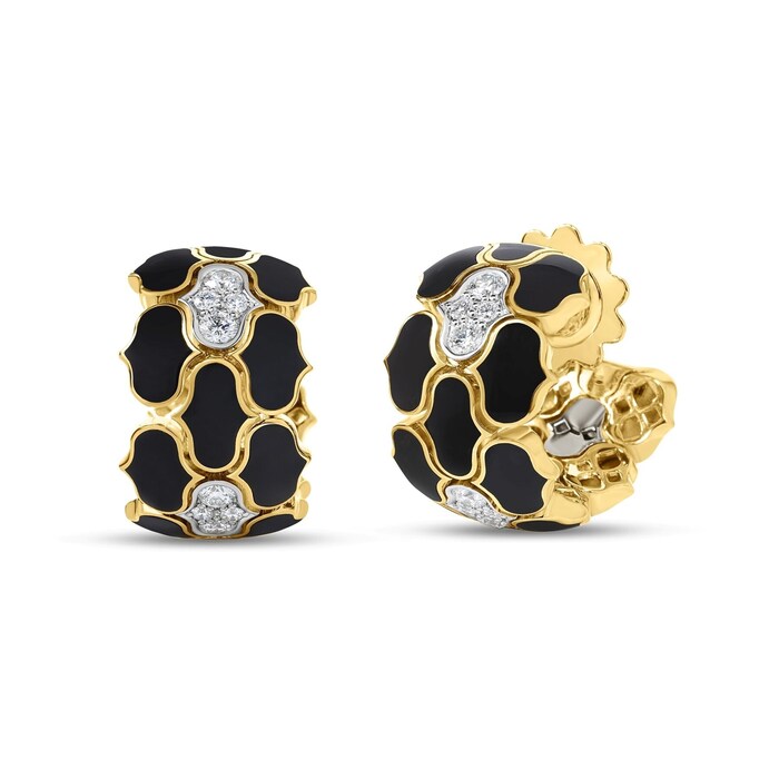 Roberto Coin Cobra 18K Yellow & White Gold 0.64cttw Diamond & Black Enamel Hoop Earrings
