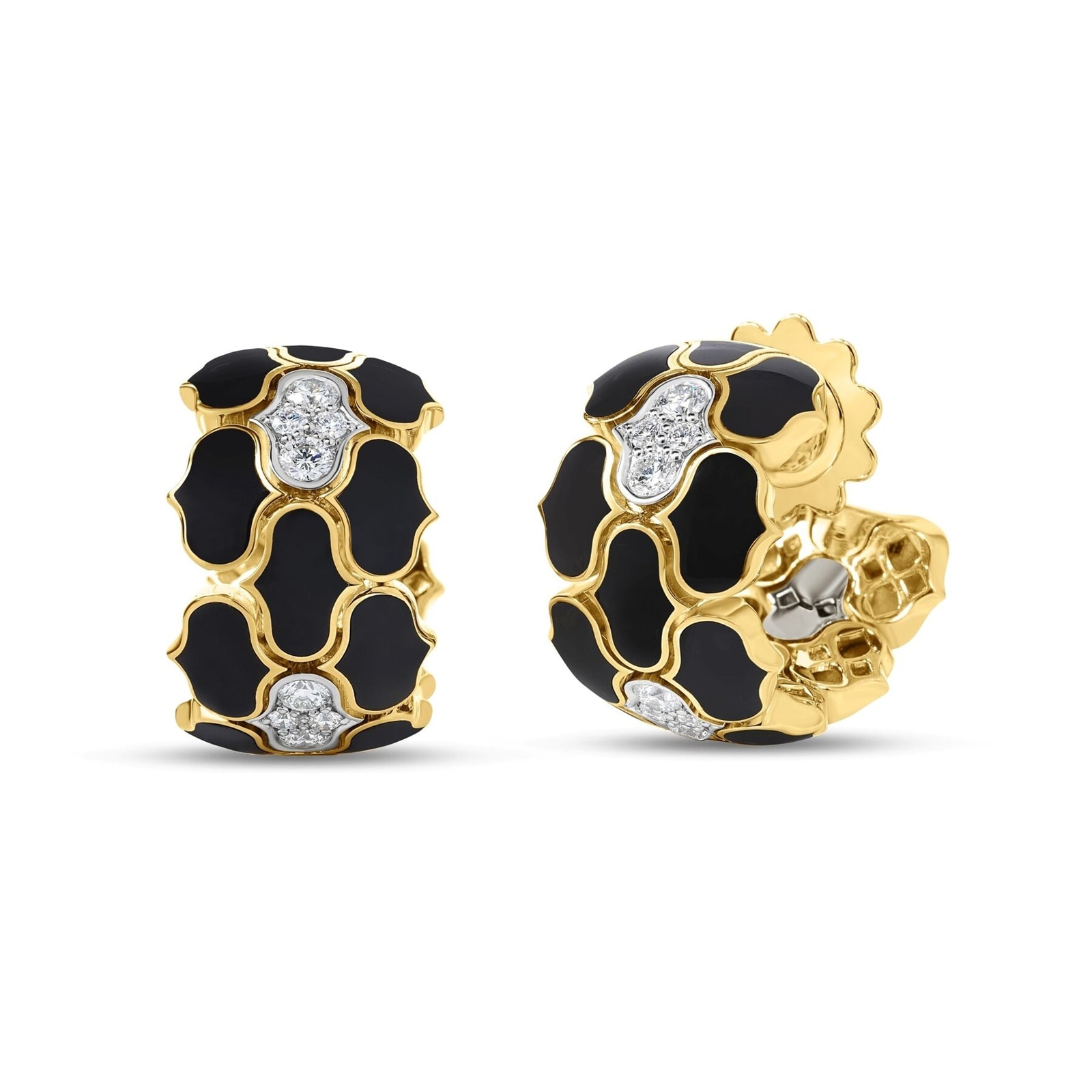 Roberto Coin Cobra 18K Yellow & White Gold 0.64cttw Diamond & Black Enamel Hoop Earrings