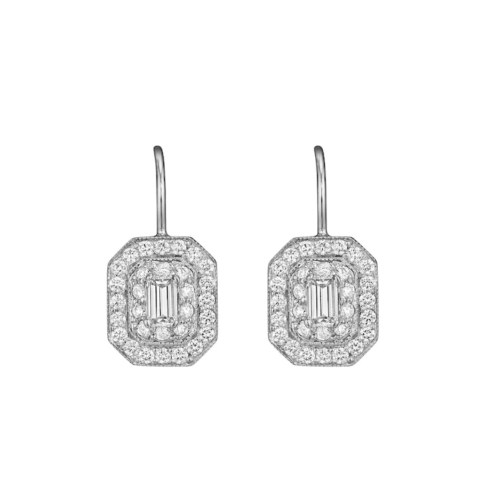 Penny Preville 18k White Gold 1.34cttw Emerald Cut Diamond and Round Halo Art Deco Earrings