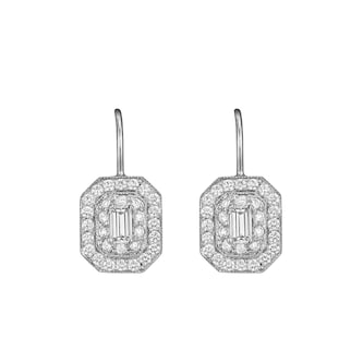 Penny Preville 18k White Gold 1.34cttw Emerald Cut Diamond and Round Halo Art Deco Earrings Penny Preville 18k White Gold 1.34cttw Emerald Cut Diamond and Round Halo Art Deco Earrings