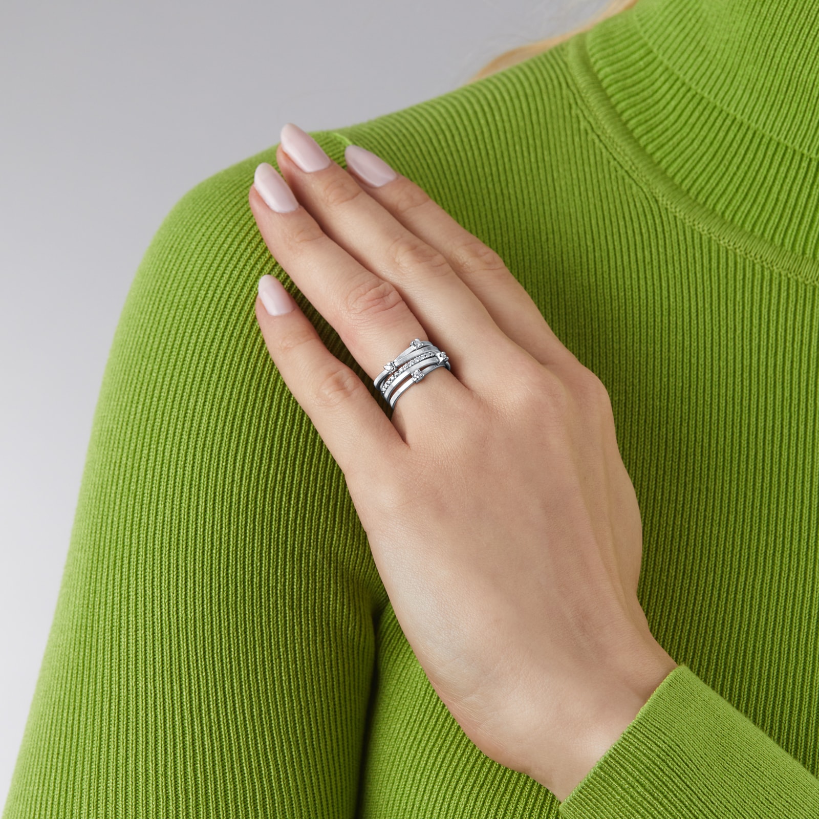 Marco Bicego 18ct White Gold Goa Collection Five Strand Diamond & Pave Ring - Ring Size I