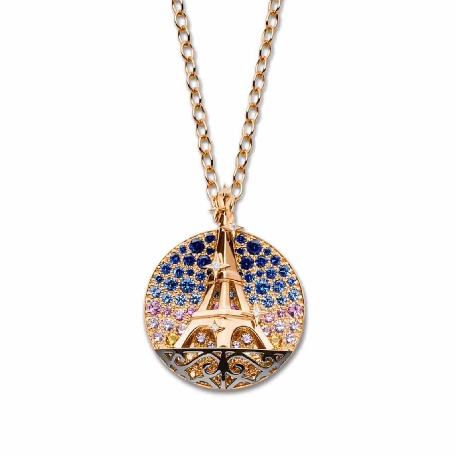 Nouvel Heritage Medallion Paris 18K Yellow Gold Multi Colored Sapphire Necklace - 18"