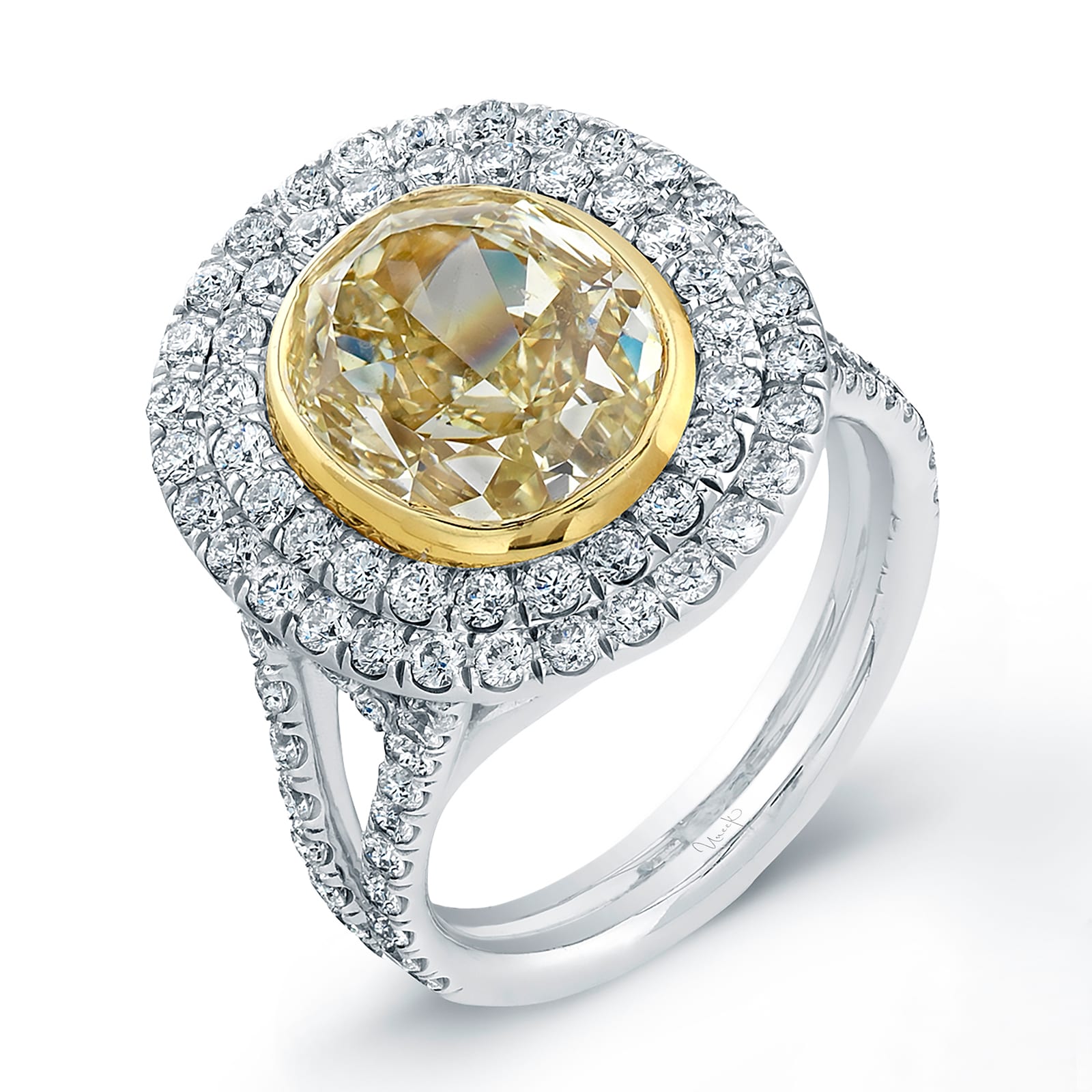 UNEEK Platinum 4.04cttw Oval Yellow Diamond and 1.60cttw White Double Diamond Halo Ring - Size 6.5