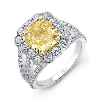 UNEEK 18k White and Yellow Gold 3.83cttw Radiant Cut Yellow Diamond and 1.20cttw White Diamond Halo Ring - Size 6.5 UNEEK 18k White and Yellow Gold 3.83cttw Radiant Cut Yellow Diamond and 1.20cttw White Diamond Halo Ring - Size 6.5