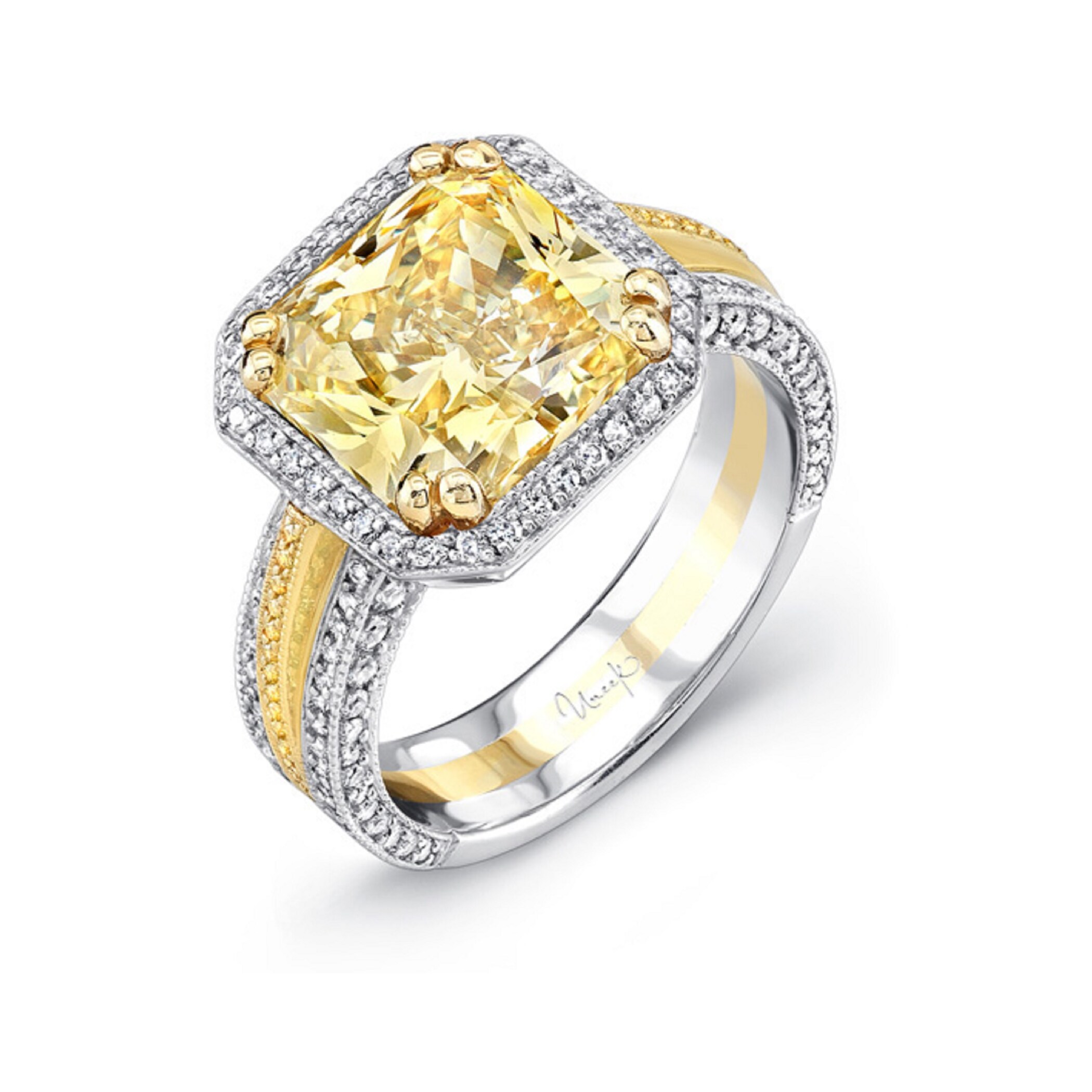 Uneek Platinum & 18k Gold 3.20cttw Yellow Diamond & 0.50cttw Diamond Ring