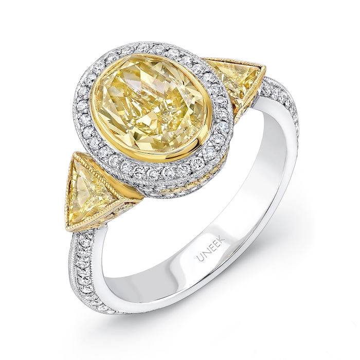 UNEEK Platinum 2.60cttw Yellow Diamond and 0.50cttw white diamond Oval Halo Ring - Size 6.5