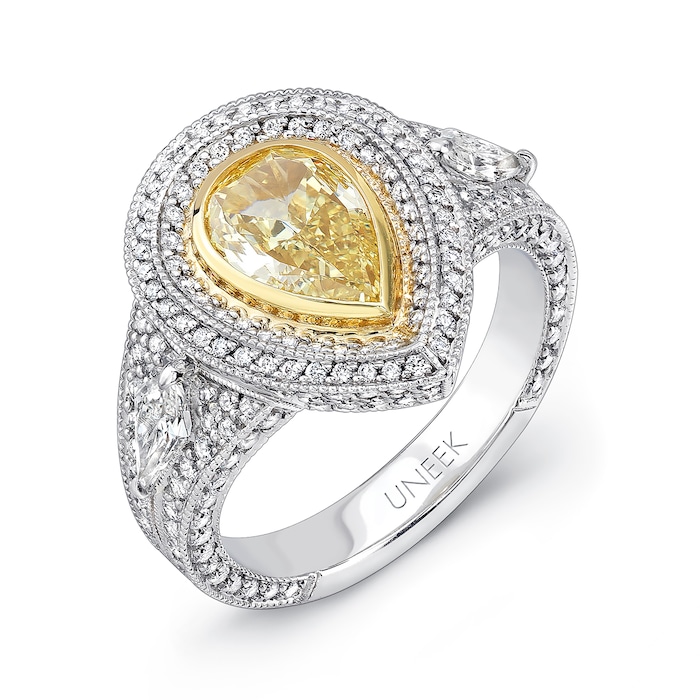 UNEEK Platinum 1.52cttw Pear Cut Yellow Diamond and 1.40cttw White Diamond Halo Ring - Size 6.5