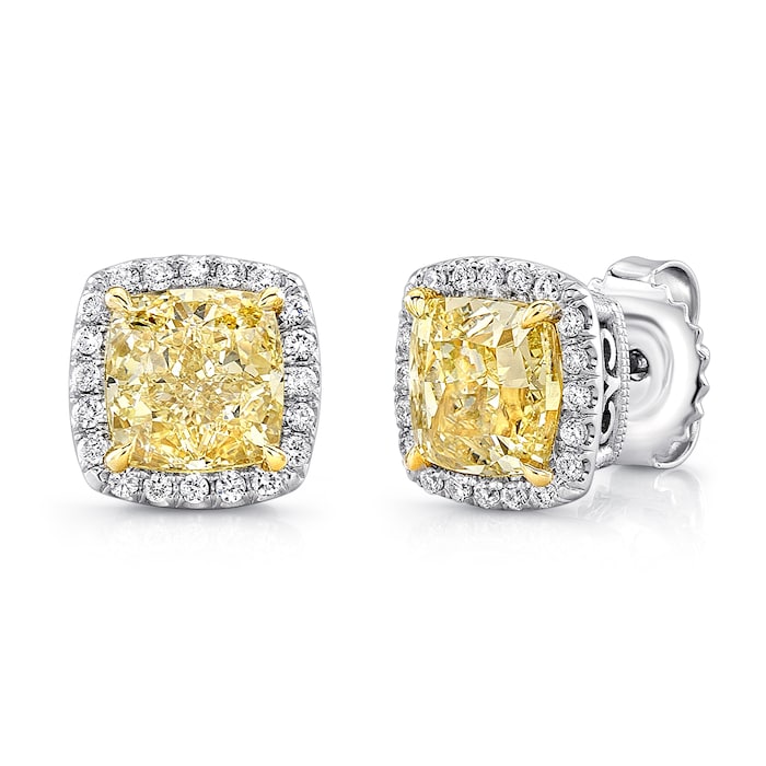 Uneek 18k White Gold 2.08cttw Yellow Diamond and 0.40 Diamond Halo Earrings