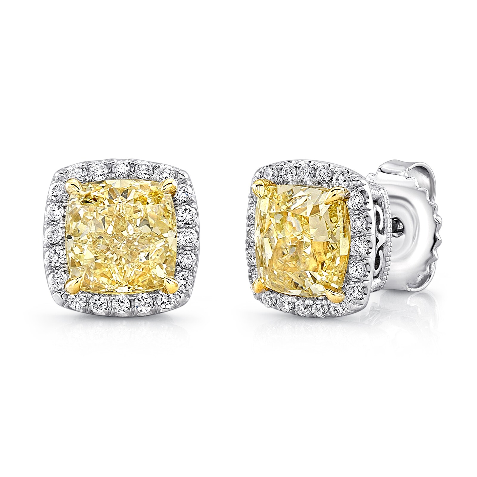 Uneek 18k White Gold 2.08cttw Yellow Diamond and 0.40 Diamond Halo Earrings