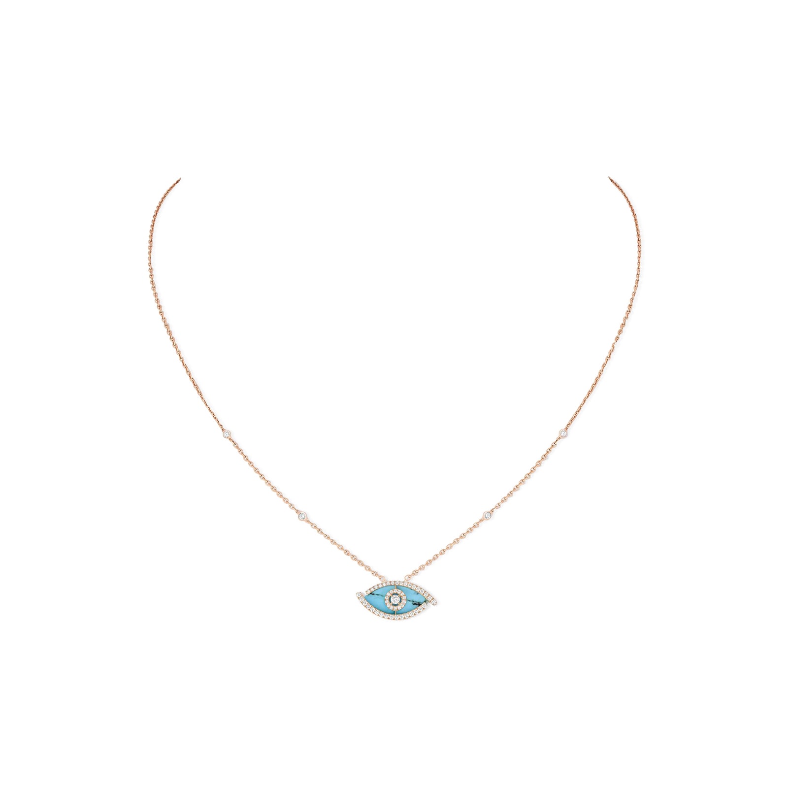 Messika 18k Rose Gold 0.38cttw Diamond and Turquoise Lucky Eye Necklace 45cm