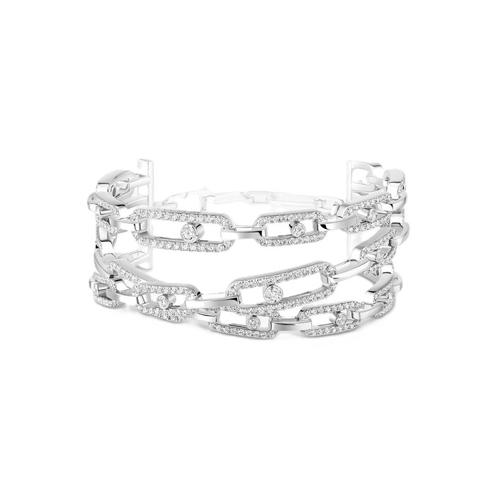 Messika 18K White Gold Move Link 3.32cttw Diamond 3 Row Cuff Bracelet - Medium